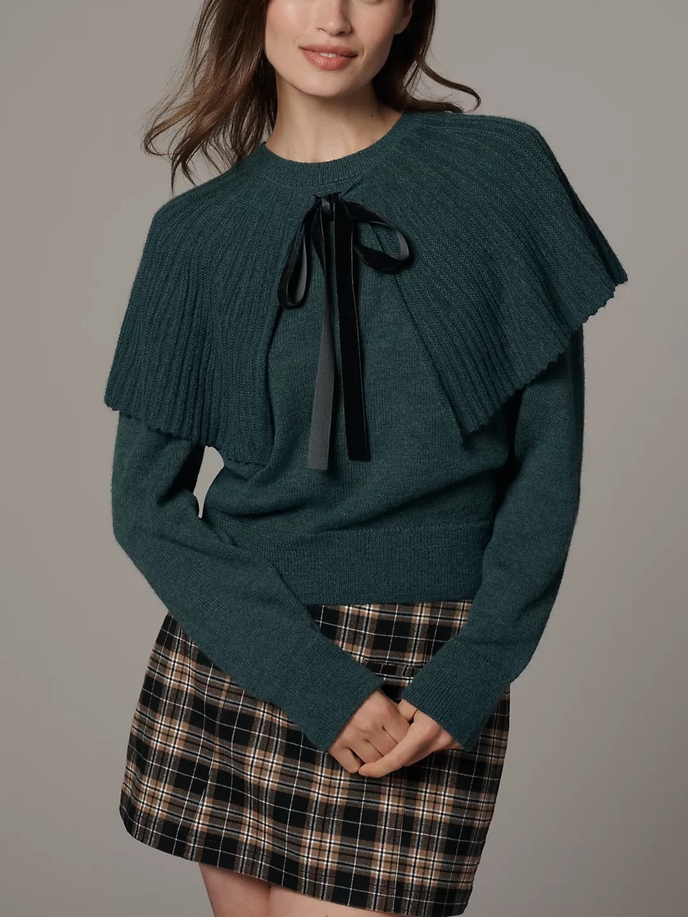 Maeve Tie-Neck Ribbed Cape Sweater